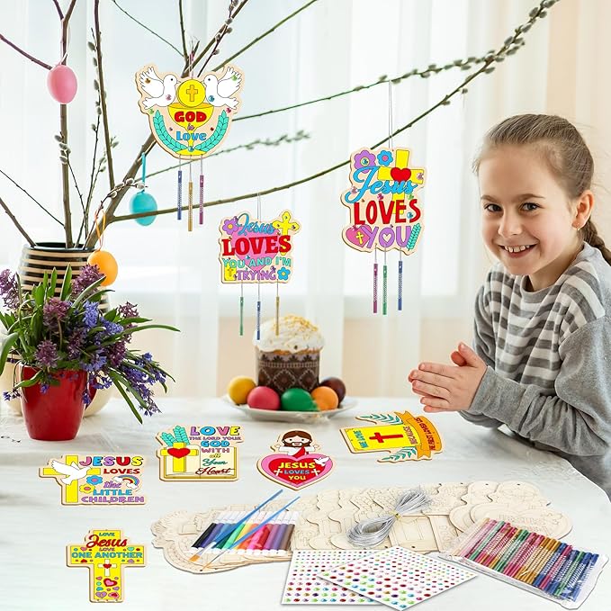 gisgfim 16 Pack Jesus Loves Me Crafts for Kids Wooden Religious Wind Chime Crafts Kits Make Your Own Christian Crafts Wooden DIY Arts for Party School Classroom Decorations Supplies Birthday Favors