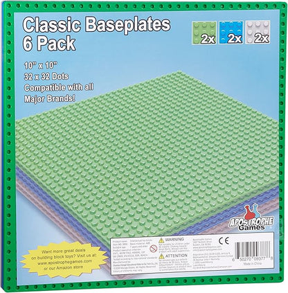 Apostrophe Games Building Blocks Base Plates Compatible with All Major Brands – (6-Pack - 2 Green, 2 Blue, 2 Gray) 10-1/16" x 10-1/16" Inches Baseplate for Building Bricks – Durable and Sturdy