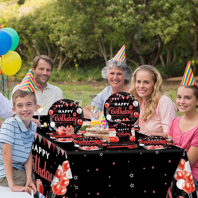 Red and Black Birthday Party Supplies Confetti Sprinkles Happy Birthday Party Tableware Includes Party Plates Napkins Fork and Red and Black Tablecloth for Birthday Parties Decorations Set Serve 20
