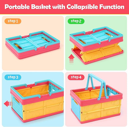 HOLYFUN Play Food Toy Set for Kids Kitchen, Shopping Basket with Cutting Fruit & Vegetables Accessories, Pot and Pan, Plastic Dishes, Toddler Play Kitchen Accessories Educational Toys for Boys Girls