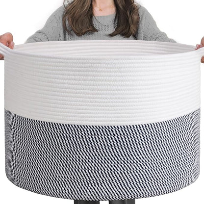 INDRESSME XXXLarge Cotton Rope Basket 21.7" x 21.7" x 13.8" Woven Baby Laundry Baskets Blanket Basket Toy Baskets with Handle Storage Comforter Cushions Navy Laundry Hamper