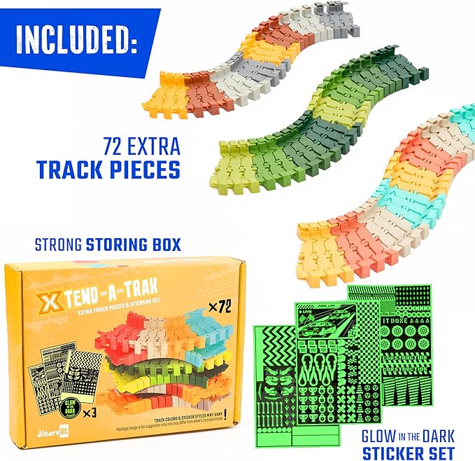 Extra 72 Track Pieces & 3 Glow Sticker Sheets Pack – Expand Your Racetrack Fun! Build Bigger, Race Faster, and Shine Brighter!