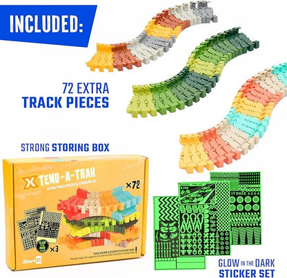 Extra 72 Track Pieces & 3 Glow Sticker Sheets Pack – Expand Your Racetrack Fun! Build Bigger, Race Faster, and Shine Brighter!