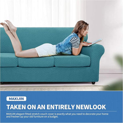 MAXIJIN 4 Piece Jacquard Extra Large Couch Covers for 3 Cushion Couch Super Stretch Non Slip Couch Cover for Dogs Pet Friendly Sofa Slipcover Furniture Protector (Oversized Sofa, Peacock Blue)