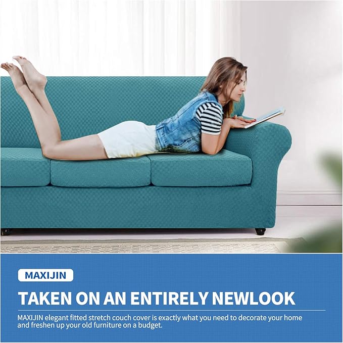 MAXIJIN 3 Piece Jacquard Couch Covers for 2 Cushion Couch Stretch Non Slip Love Seat Couch Cover for Dogs Pet Friendly Elastic Furniture Protector Loveseat Slipcovers (Loveseat, Peacock Blue)