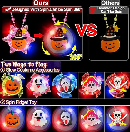 62 Pcs Halloween Party Favors for Kids Rotating Fidget Spin Light up Necklaces LED Bracelets Flash Rings Halloween Toys Glow in The Dark Halloween Party Supplies Gift Halloween Treat Goodie Bag Filler