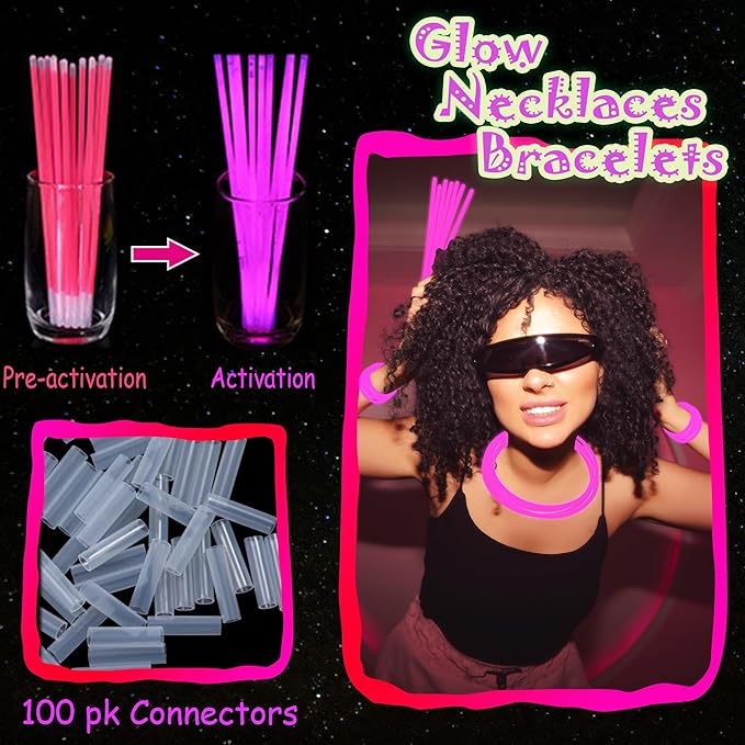 100 pk 8" Pink Glow Sticks Bulk Party Favors, Light up Glow Necklaces & Bracelets in the Dark Party Supplies For Christmas Valentine Halloween Birthday Neon Party (100 * Pink)
