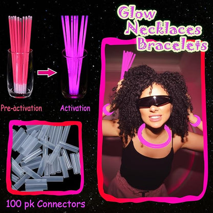 100 pk 8" Pink Glow Sticks Bulk Party Favors, Light up Glow Necklaces & Bracelets in the Dark Party Supplies For Christmas Valentine Halloween Birthday Neon Party (100 * Pink)
