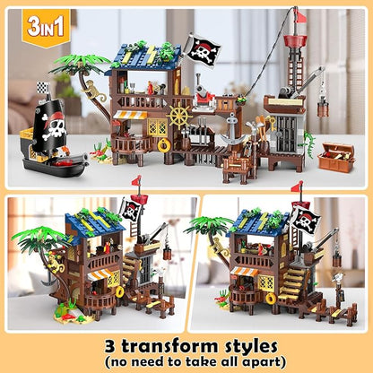 HOGOKIDS Pirate Ship House Building Set with LED Light - 3 Style Modes Pirate Wharf Supply Center Building Block Set, 781PCS STEM Bricks Kit for Kids Girls Boys Ages 6-12+ Birthday Gifts