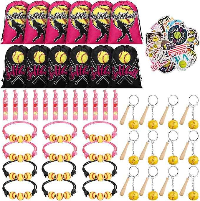 Jenaai 148 Pcs Softball Party Favors Include Softball Drawstring Bags Softball Charm Bracelets Softball Keychain Softball Hair Ties Softball Stickers, Softball Gifts for Women Birthday(Stylish)