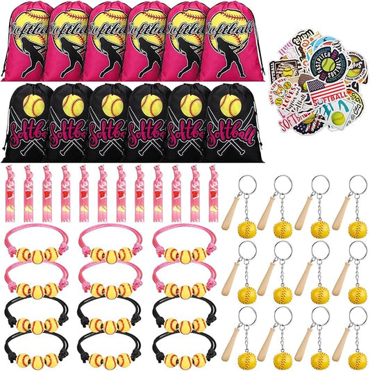 Jenaai 148 Pcs Softball Party Favors Include Softball Drawstring Bags Softball Charm Bracelets Softball Keychain Softball Hair Ties Softball Stickers, Softball Gifts for Women Birthday(Stylish)