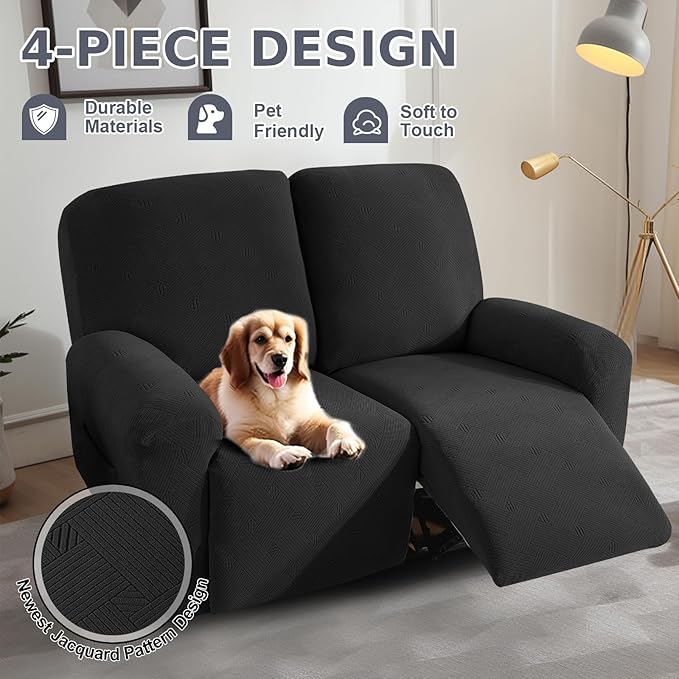 JIVINER Loveseat Recliner Covers, Jacquard 4 Piece Recliner Sofa Cover with Pockets Washable Lazy Boy Reclining Couch Protector with Elastic Bottom (Recliner Loveseat, Black)