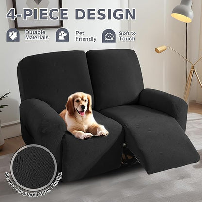 JIVINER Loveseat Recliner Covers, Jacquard 4 Piece Recliner Sofa Cover with Pockets Washable Lazy Boy Reclining Couch Protector with Elastic Bottom (Recliner Loveseat, Black)