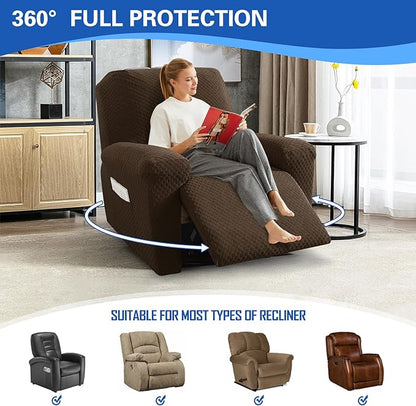 MAXIJIN Latest Recliner Slipcovers for Living Room 4 Pieces Stretch Jacquard Recliner Chair Cover Soft Fitted Recliner Protector with Elastic Bottom for Kids, Pets (Recliner, Dark Coffee)