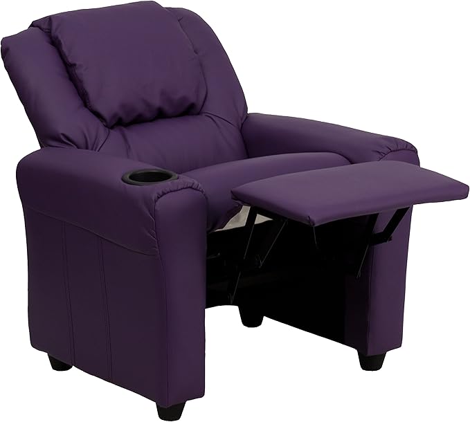 Flash Furniture Vana Vinyl Kids Recliner with Cup Holder, Headrest, and Safety Recline, Contemporary Reclining Chair for Kids, Supports up to 90 lbs., Purple