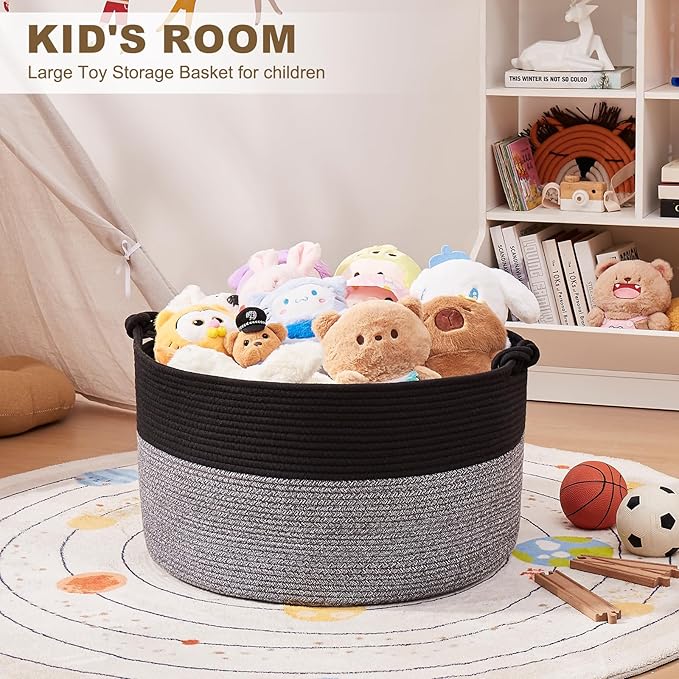 OIASKET Large Blanket Storage Basket for Living Room, 22.8" x 22.8" x 13" Woven Cotton Rope Basket with Handles, Baby Toy Storage, Laundry Hamper for Clothes, Pillows, Towels-Black and Grey