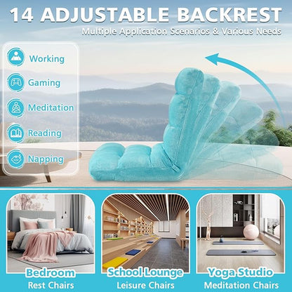 Folding Floor Chair 14-Position Cushioned Adjustable Floor Lazy Sofa Chair w/Breathable Cotton & Skin-Friendly Flannel for Adults & Kids Ideal for Reading Meditating, Blue