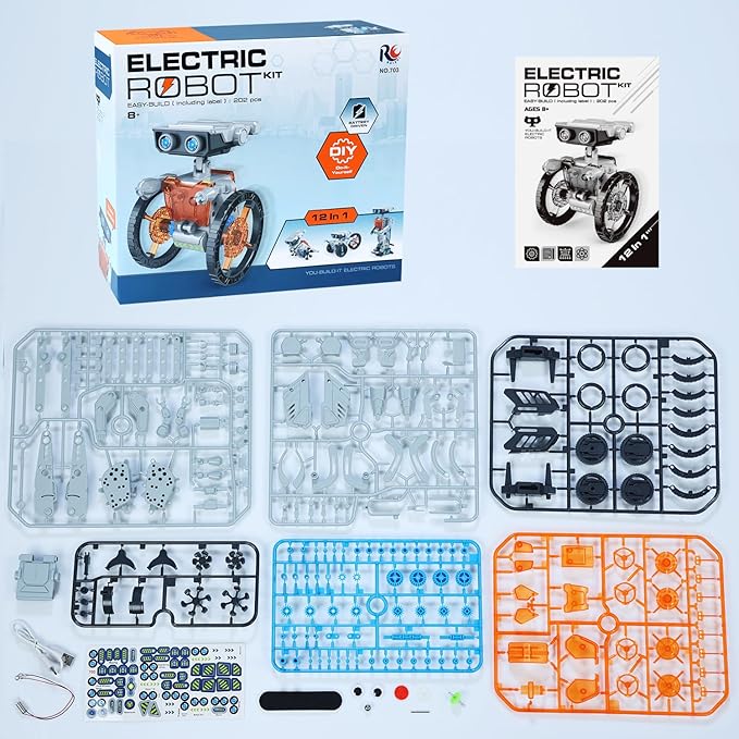 12 in 1 Solar Robot Kit Toys for Kids, 202 Pieces DIY STEM Building Science Learning Educational Experiment Kit Solar and Cell Powered, Gift for Boys Girls (Orange)