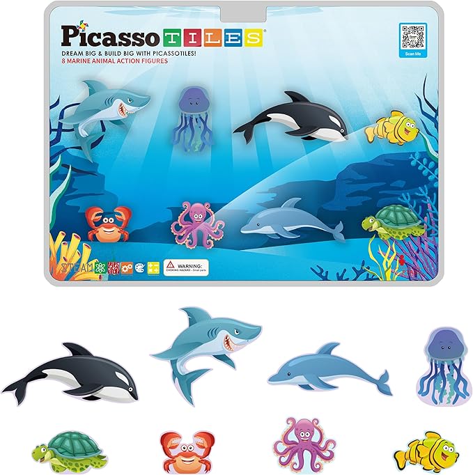 PicassoTiles Magnet Tile Building Blocks 8 Marine Animal Action Figures Compatible Magnetic Accessory Playset Tiles Kids Toys STEM Educational Learning Preschool Toddler Girls Boys Age 3+ PTA25