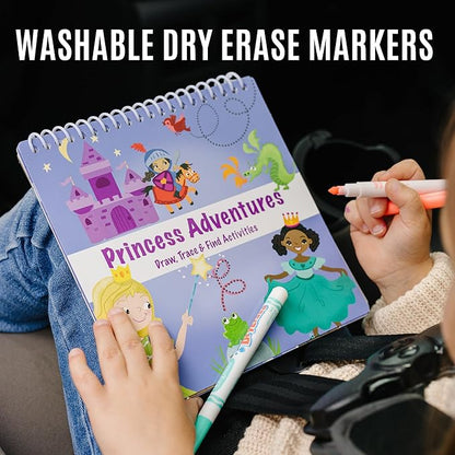 Kids Travel Educational Activity Book with Washable Markers - Car and Airplane Activities, Learning Toys for Toddlers- Search and Find, Reusable Stickers for Ages 4, 5, 6 (Princess)