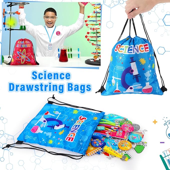 Zhanmai 140 Pcs Science Party Favors Include 12 Keychain 18 Mini Notebooks 50 Science Stickers 12 Bracelets 12 Science Name Badge 12 Drawstring Bags 12 Bendable Pencils 12 Button Pins for Kids Party