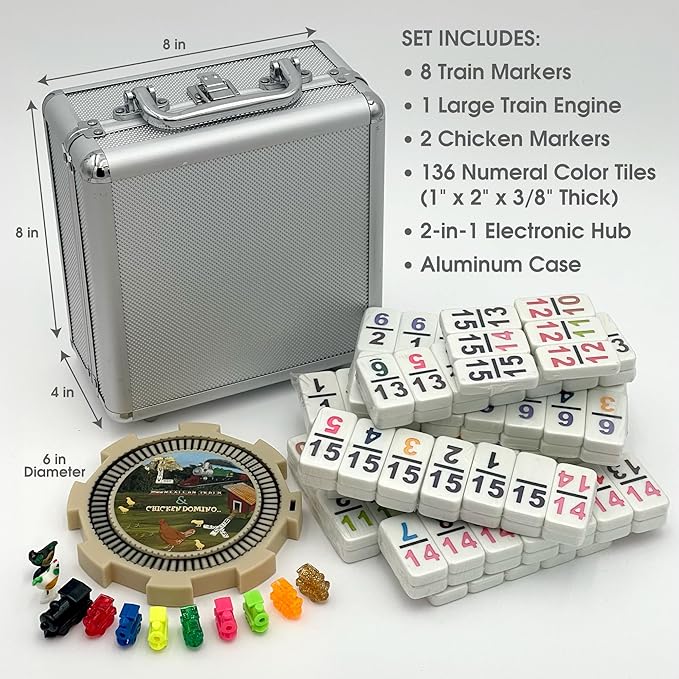 Double 15 Numeral Pro Size Mexican Train & Chicken Domino Set in Aluminum Case