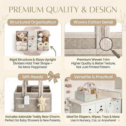 PeraBella Baby Diaper Caddy Organizer, XL Baby Basket Shower Gift Caddy, Portable Felt Changing Table Basket, Nursery Storage Bin, Newborn Boy and Girl Essentials for Registry, Car Diaper Organizer