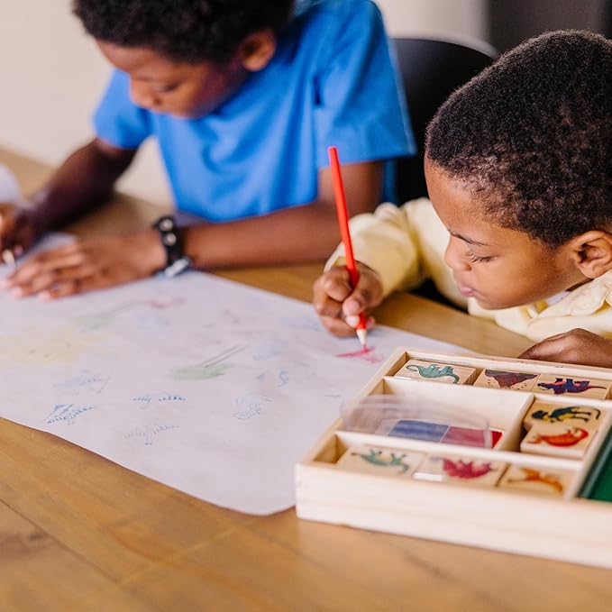 Melissa & Doug Wooden Stamp Set: Dinosaurs - 8 Stamps, 5 Colored Pencils, 2-Color Stamp Pad Kids Arts And Crafts, Washable Ink Pads For Kids, Dinosaur Stamps For Ages 4+ - FSC-Certified