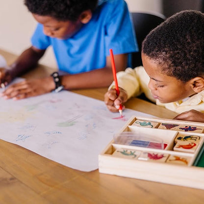 Melissa & Doug Wooden Stamp Set: Dinosaurs - 8 Stamps, 5 Colored Pencils, 2-Color Stamp Pad Kids Arts And Crafts, Washable Ink Pads For Kids, Dinosaur Stamps For Ages 4+ - FSC-Certified