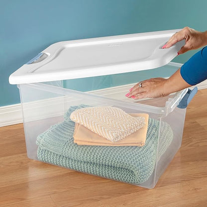 Sterilite 12-Pack Latching Box, Clear Plastic Organizer Bins with White Lids, 64 Quart – Large Stackable Containers for Closet, Bedroom, Garage, Kitchen, and Pantry Organization