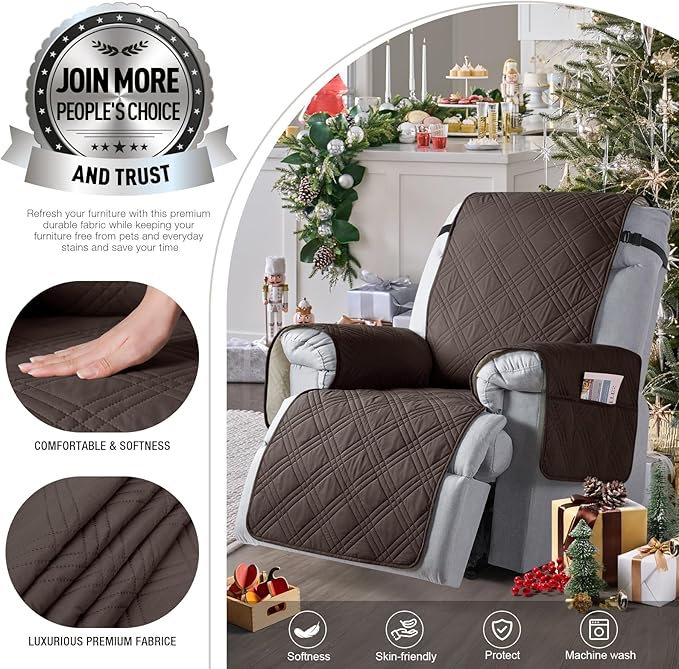TAOCOCO 100% Waterproof Recliner Chair Cover, Non Slip Covers for Recliner Chair with Pocket, Washable Reclining Chair/Furniture Protector for Kids, Pets(Recliner Chair, Chocolate)