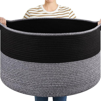 OIASKET Large Blanket Basket with Handles, 22.8" x 22.8" x 13" Woven Storage Basket for Living Room, Cotton Rope Baby Toy Storage for Clothes, Pillows, Towels-Black and Grey