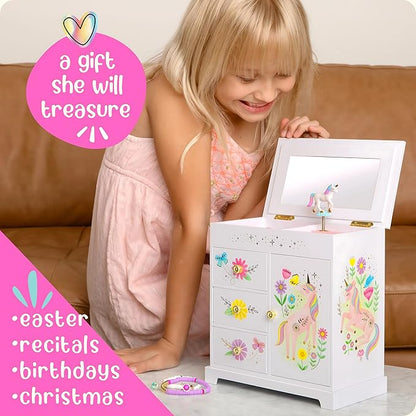 Unicorn Musical Jewelry Box for Girls - Unicorn Toys for Girls Age 4-6 - Kids Jewelry Box with Drawers - 9 x 5 x 9.3 in