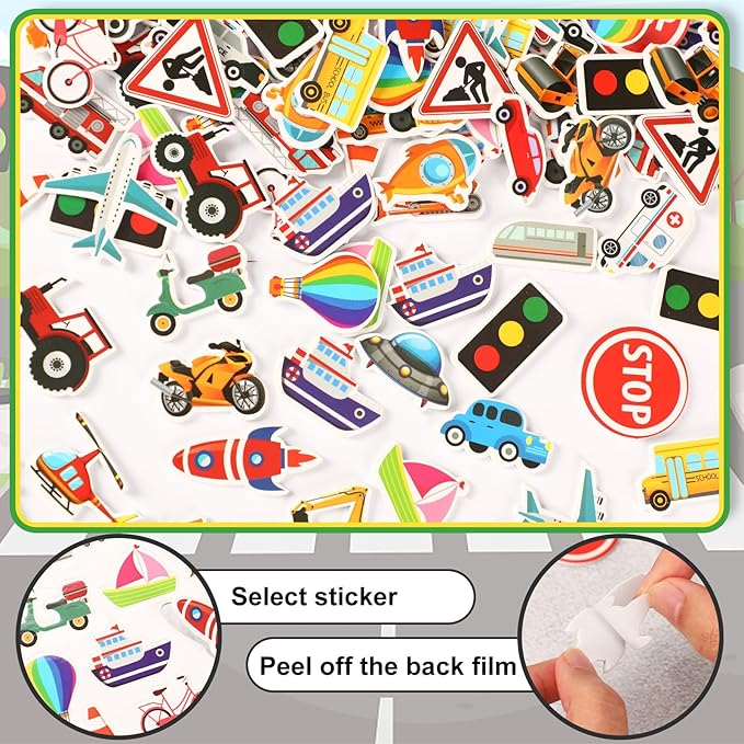 JULBEAR 300 Pieces Transportation Foam Stickers Bulk Self-Adhesive Cartoon Race Car Bus Vehicle Truck Stickers for Crafts Transportation Theme Party Favors Decoration School Reward DIY Supplies