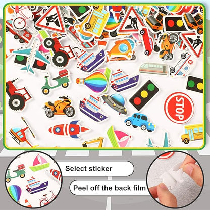 JULBEAR 300 Pieces Transportation Foam Stickers Bulk Self-Adhesive Cartoon Race Car Bus Vehicle Truck Stickers for Crafts Transportation Theme Party Favors Decoration School Reward DIY Supplies