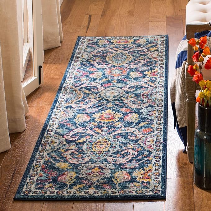 SAFAVIEH Evoke Collection 2'2" x 7' Navy / Fuchsia EVK255N Boho Non-Shedding Living Room Entryway Foyer Hallway Bedroom Runner Rug