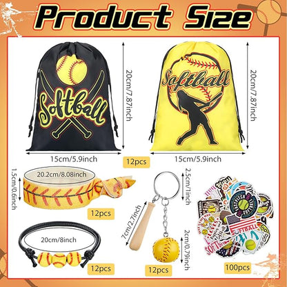 Jenaai 148 Pcs Softball Party Favors Include Softball Drawstring Bags Softball Charm Bracelets Softball Keychain Softball Hair Ties Softball Stickers, Softball Gifts for Women Birthday(Classic)