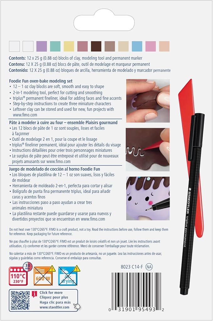 STAEDTLER FIMO Soft Polymer Clay Set: Foodie Fun, 12 Half Blocks, Sculpting Tool and Marker - Oven Bake Modeling Clay, Non-Toxic, Arts and Crafts for Beginners