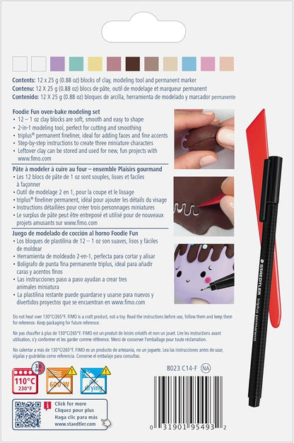 STAEDTLER FIMO Soft Polymer Clay Set: Foodie Fun, 12 Half Blocks, Sculpting Tool and Marker - Oven Bake Modeling Clay, Non-Toxic, Arts and Crafts for Beginners