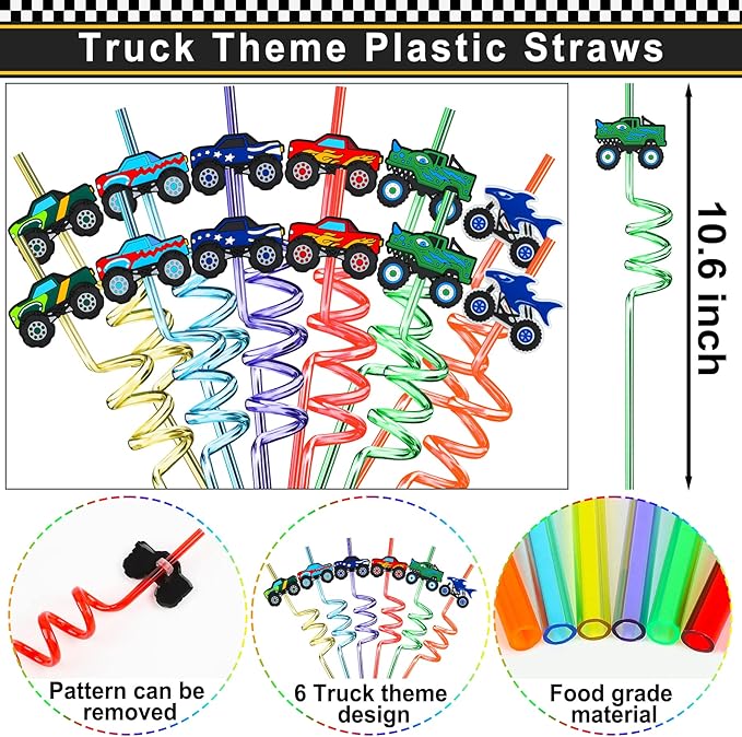 Monster Truck Party Favors Set 72 PCS Truck Theme Slap Bracelets Keychains Tattoo Stickers DIY Stickers Drinking Straws Party Gift Bags for Kids Boys Birthday Party Supplies