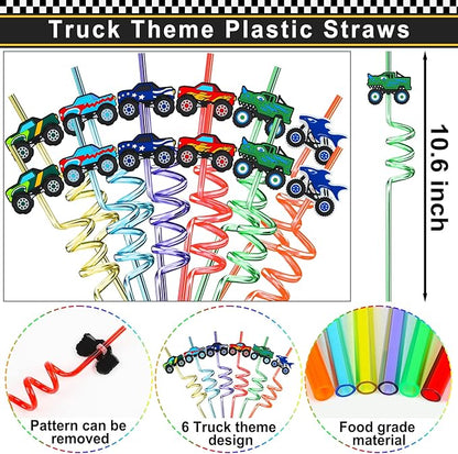 Monster Truck Party Favors Set 72 PCS Truck Theme Slap Bracelets Keychains Tattoo Stickers DIY Stickers Drinking Straws Party Gift Bags for Kids Boys Birthday Party Supplies