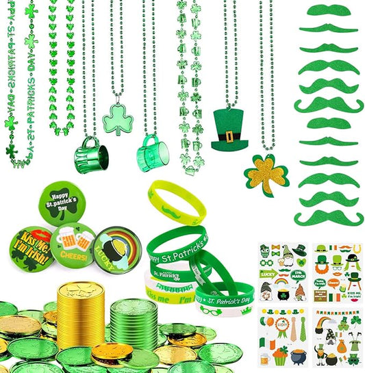 St.Patrick's Day Accessories Set, Saint Patrick Day Accessories Including Necklaces, Green and Gold Coins, Mustache, Rubber Wristbands, Badges, Tattoo Stickers for Irish Day Party Supply