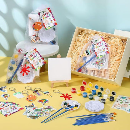 HyDren Paint Party Favors Include Mini Watercolor Paint Set Small Painting Canvas with Easel Palette Brush Paint Stickers Tattoo Sticker Keychain for Class Birthday Art Party(Novel Style,222 Pcs)