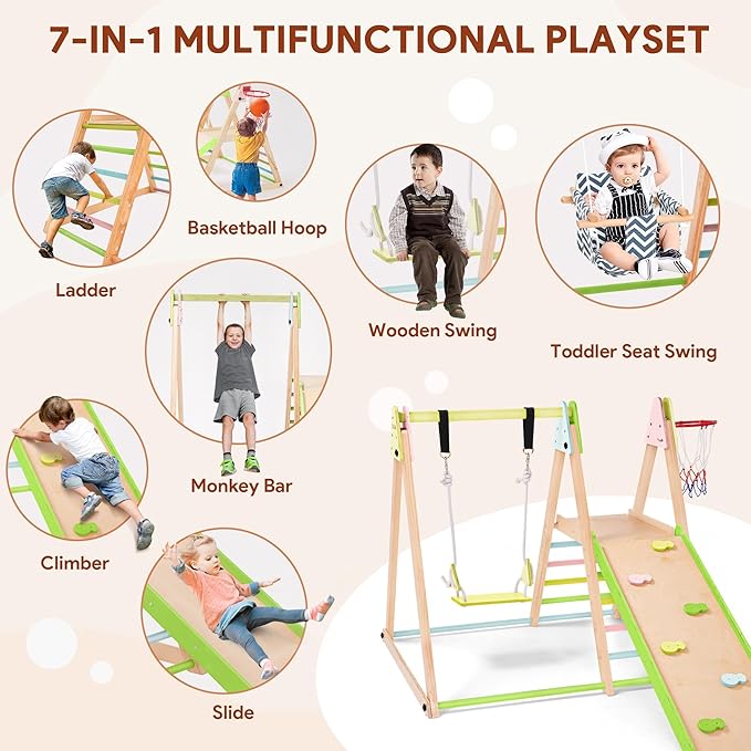 7 in 1 Indoor Jungle Gym for Kids, Foldable Toddler Indoor Playground with Slide, Beechwood & Baby Swing, Climbing Wall & Ladder, Wooden Climbing Toys Playset Gifts for Kids (Multicolor)