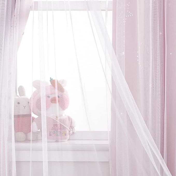 NICETOWN Moon and Stars Cutout Blackout Curtains with White Sheer Voile for Bedroom/Christmas, Grommets Noise Reducing Window Treatment Draped for Grils Room, 1 Pair, 52" Wide x 63" Long, Baby Pink