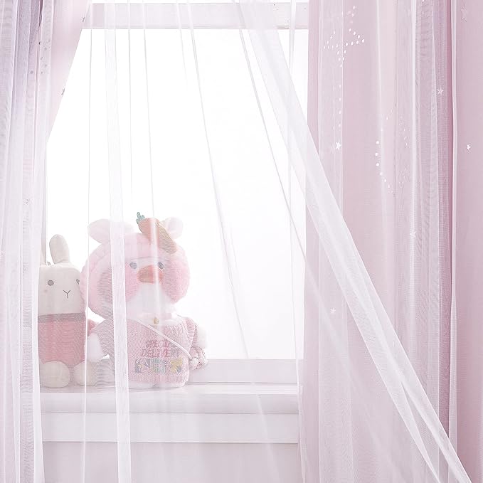 NICETOWN 2 Panels Stars Blackout Curtains for Bedroom Kids Baby Window Double Layer Moon Star Cut Out Living Room Decor Wall Home Decorations Curtain, W42 x L84 Inches Long, Pink