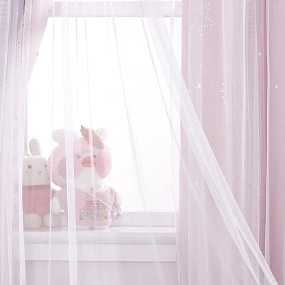 NICETOWN 2 Panels Stars Blackout Curtains for Bedroom Kids Baby Window Double Layer Moon Star Cut Out Living Room Decor Wall Home Decorations Curtain, W42 x L84 Inches Long, Pink