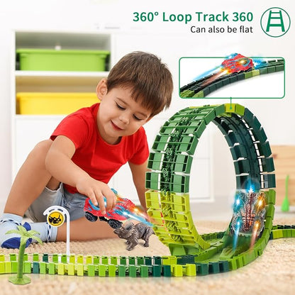 Dinosaur Race Track Toys for Kids Toddlers,206PCS Create A Dinosaur World Road Race, Birthday Gift Dinosaur Toys for 3 4 5 6 7 8Years Old Boys and Girls,Flexible Train Tracks with 2 Race Cars