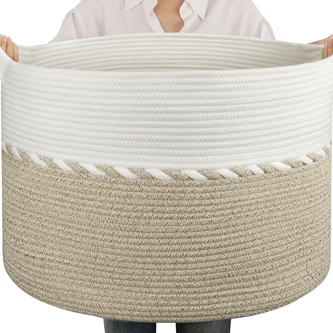 OIAHOMY 105L Blanket Basket for Living Room, Large Basket 23.6" x 23.6" x 14.6" with Handle, Laundry Hamper for Blankets, Pillows, Toy Storage for Kids, Dogs - Light Brown & White