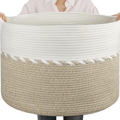 OIAHOMY 105L Blanket Basket for Living Room, Large Basket 23.6" x 23.6" x 14.6" with Handle, Laundry Hamper for Blankets, Pillows, Toy Storage for Kids, Dogs - Light Brown & White